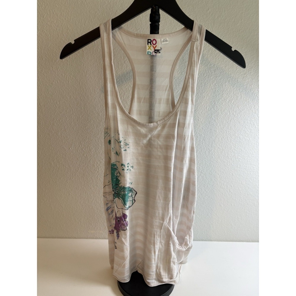 Roxy Womens Tank Top Large White Sheer Striped Floral Graphic Racerback Beach